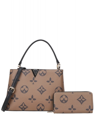 2 In1 Print v Design Handle Bag with Wallet Set DH-9110-W KHAKI